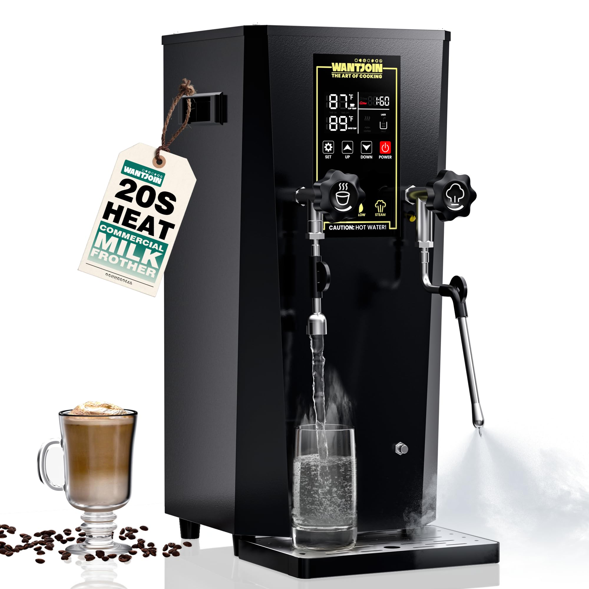 WantJoin 2000W Commercial Milk Frother & Beverage Warmer - Professional Milk Steamer Machine with LED Display Panel for Latte, Cappuccino, Coffee, Hot Chocolate and Milk Tea, Perfect for Cafes & Home