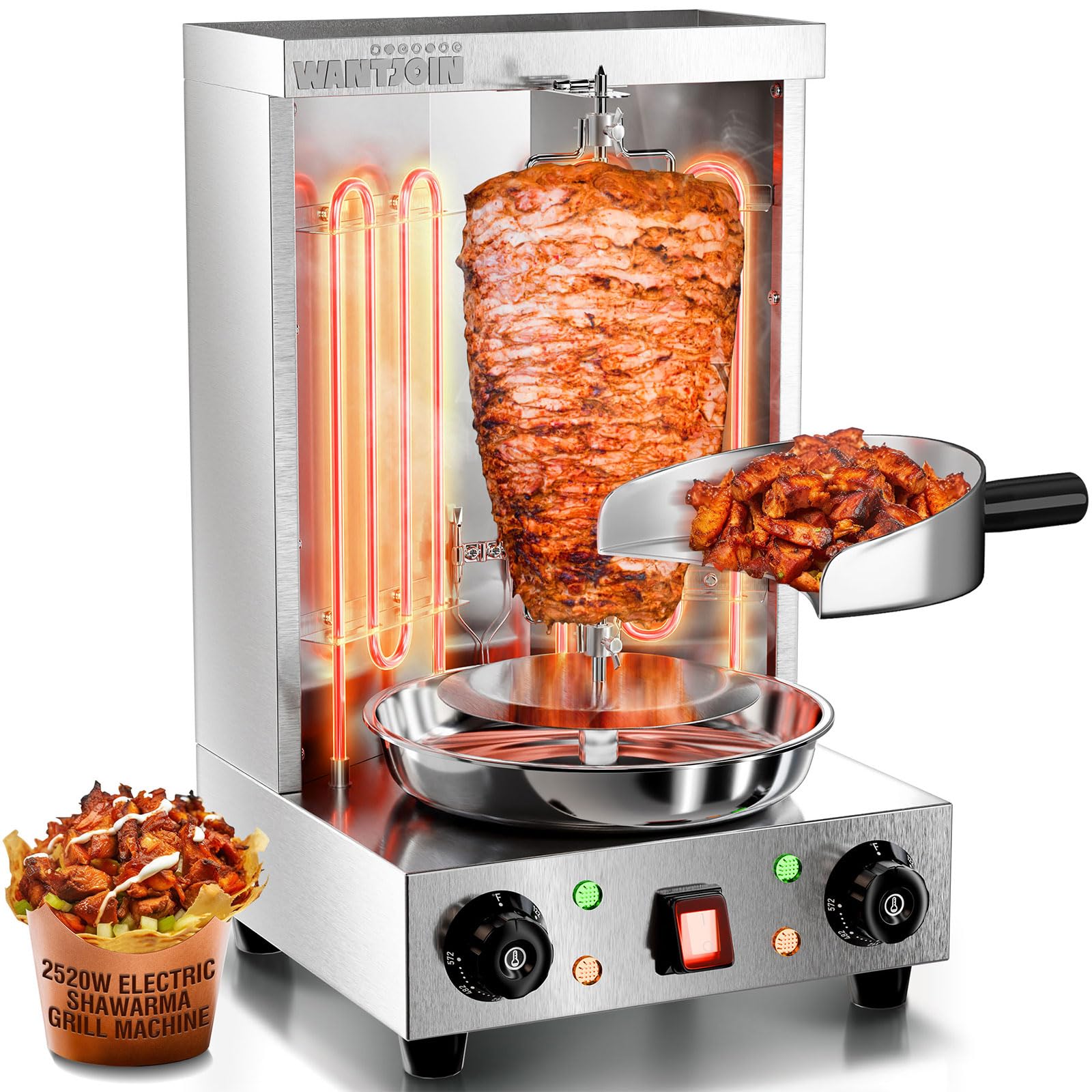 WantJoin Shawarma Grill Machine - 22 LBS Electric Vertical Rotisserie w/ 2 Burners and Shovel for Doner Kebab, Chicken, Beef | Stainless Steel | 122°F to 572°F Temp | for Home & Commercial Use, 2520W