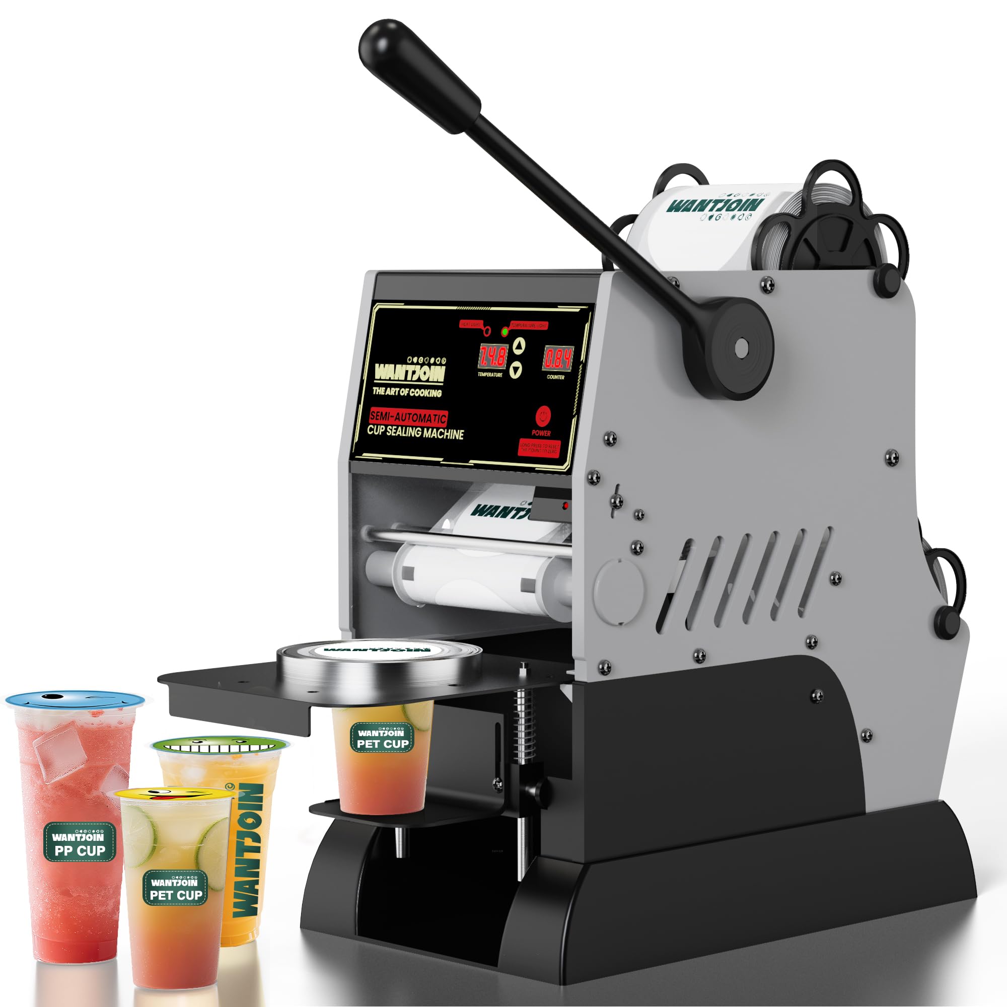 WantJoin Semi Automatic Cup Sealing Machine - 2S Sealing Auto Film Alignment Commercial Cup Sealer Machine 90/95mm LED Panel Temperature Control, Electric Cup Sealing Machine For PP PET Paper Cup