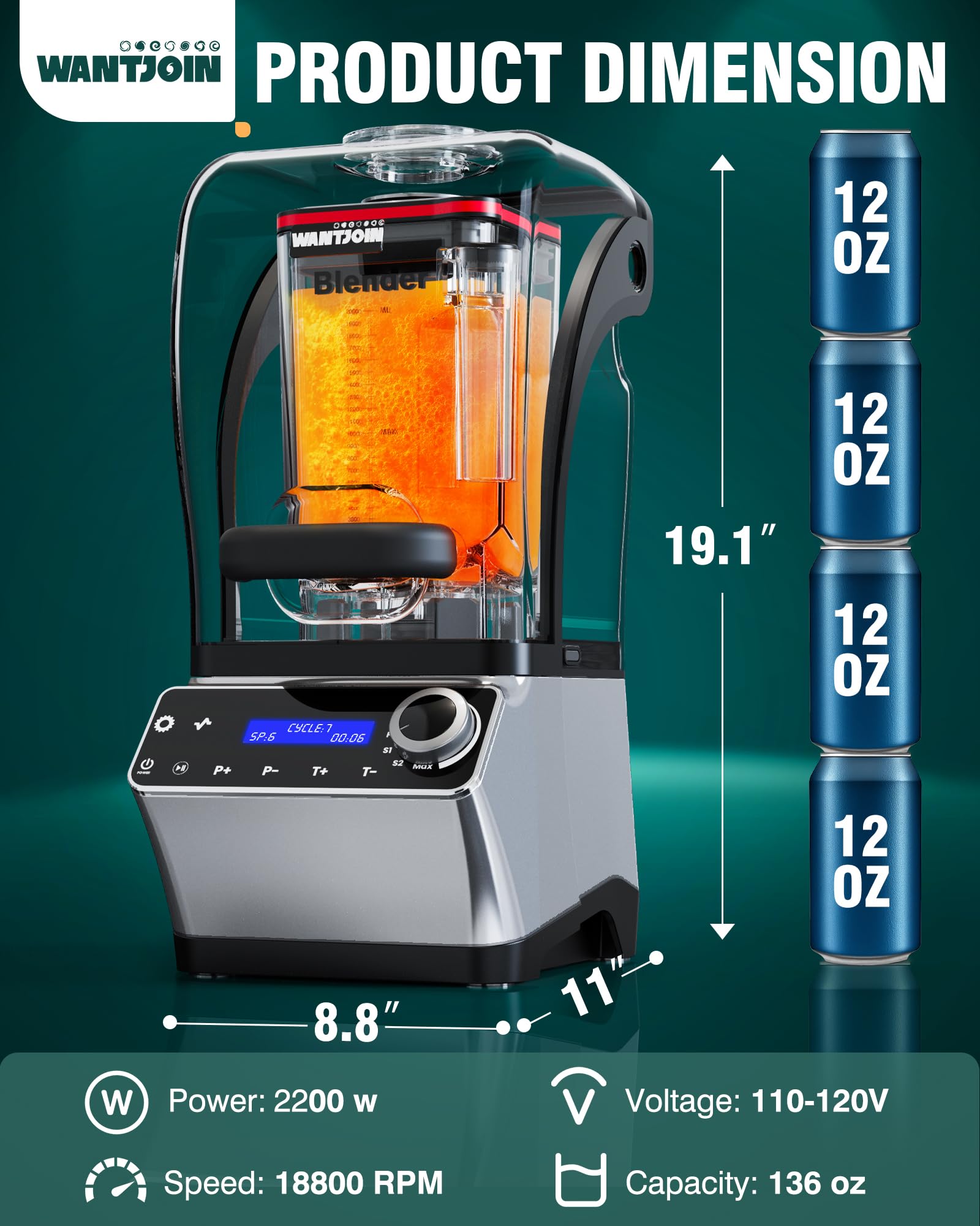 WantJoin Commercial Blender - 68 oz Quiet Commercial Blender for Smoothies with Sound Enclosure, 2200W Upgraded Copper Motor, 30000RPM, 7 Speeds, Blenders for Frozen Drinks, Juice, Soup
