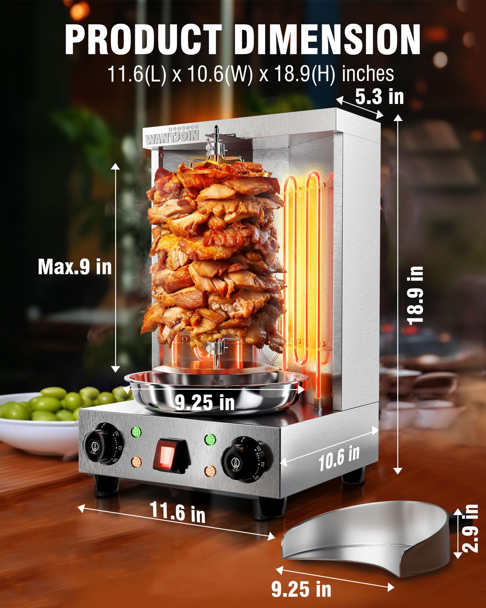 WantJoin Shawarma Grill Machine - 22 LBS Electric Vertical Rotisserie w/ 2 Burners and Shovel for Doner Kebab, Chicken, Beef | Stainless Steel | 122°F to 572°F Temp | for Home & Commercial Use, 2520W