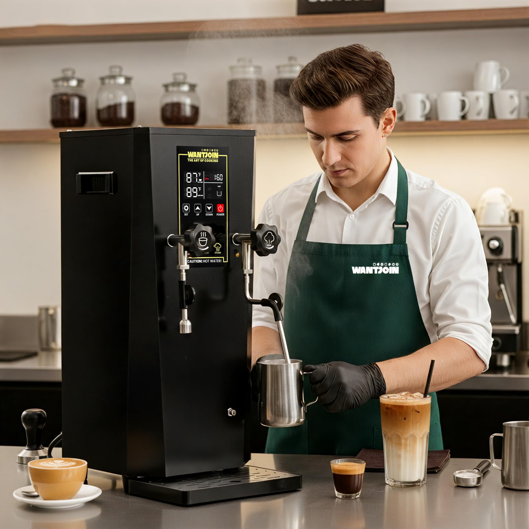 WantJoin 2000W Commercial Milk Frother & Beverage Warmer - Professional Milk Steamer Machine with LED Display Panel for Latte, Cappuccino, Coffee, Hot Chocolate and Milk Tea, Perfect for Cafes & Home