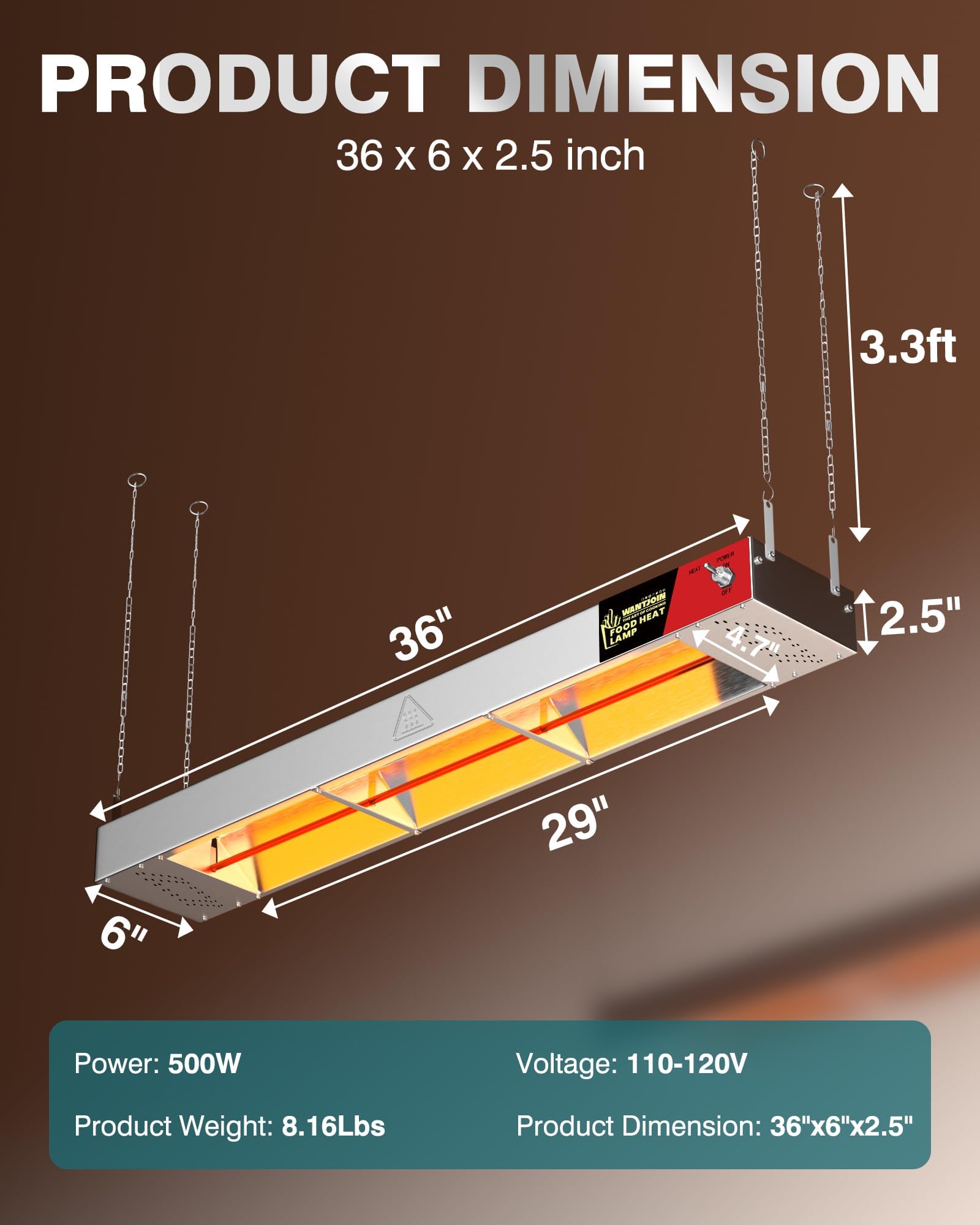 WantJoin Food Heat Lamp - Commercial Hanging Heating Lamp for Food Warming 500W Electric Strip Heater with Warm Lights for Service Cafeteria Restaurant Kitchen