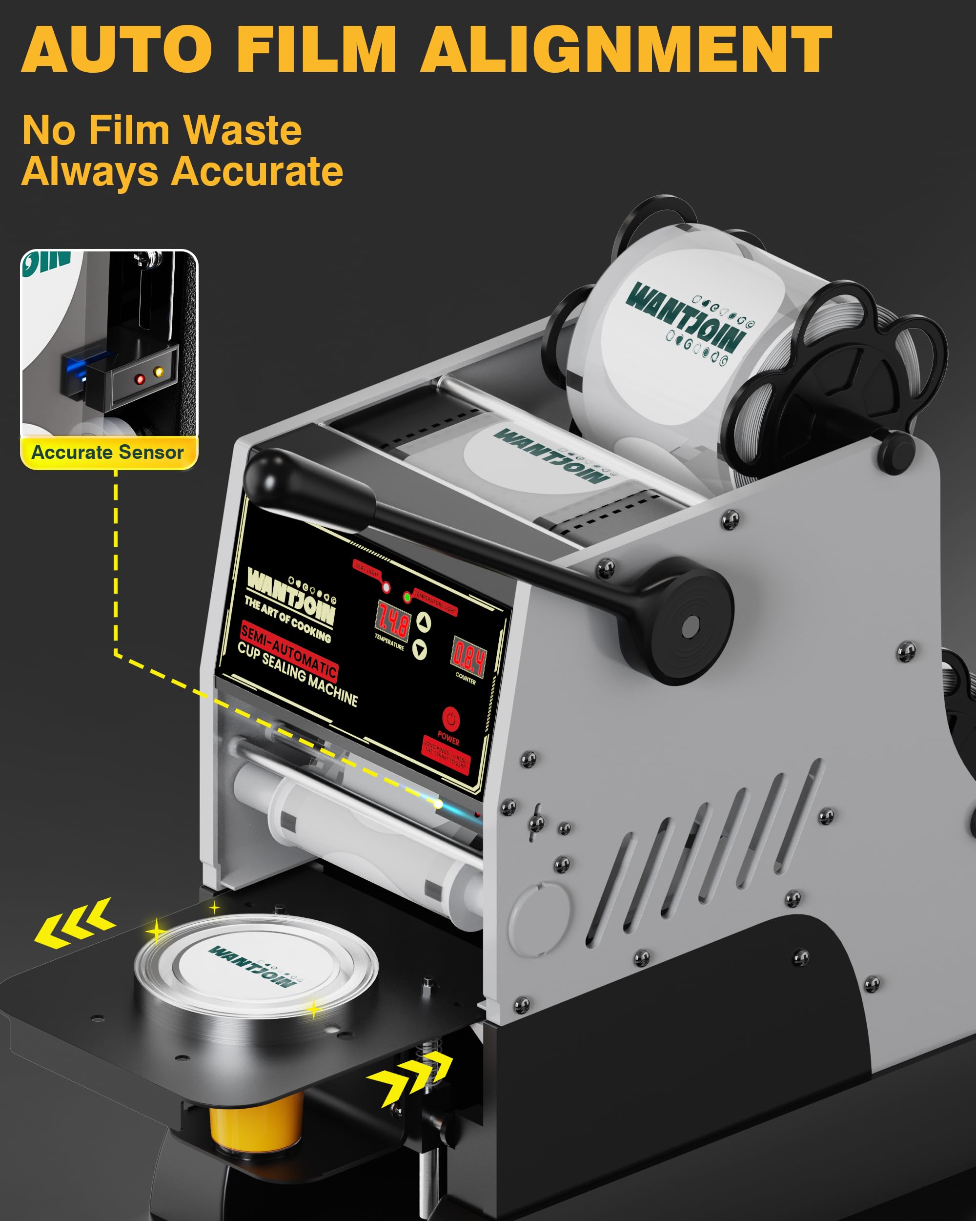WantJoin Semi Automatic Cup Sealing Machine - 2S Sealing Auto Film Alignment Commercial Cup Sealer Machine 90/95mm LED Panel Temperature Control, Electric Cup Sealing Machine For PP PET Paper Cup