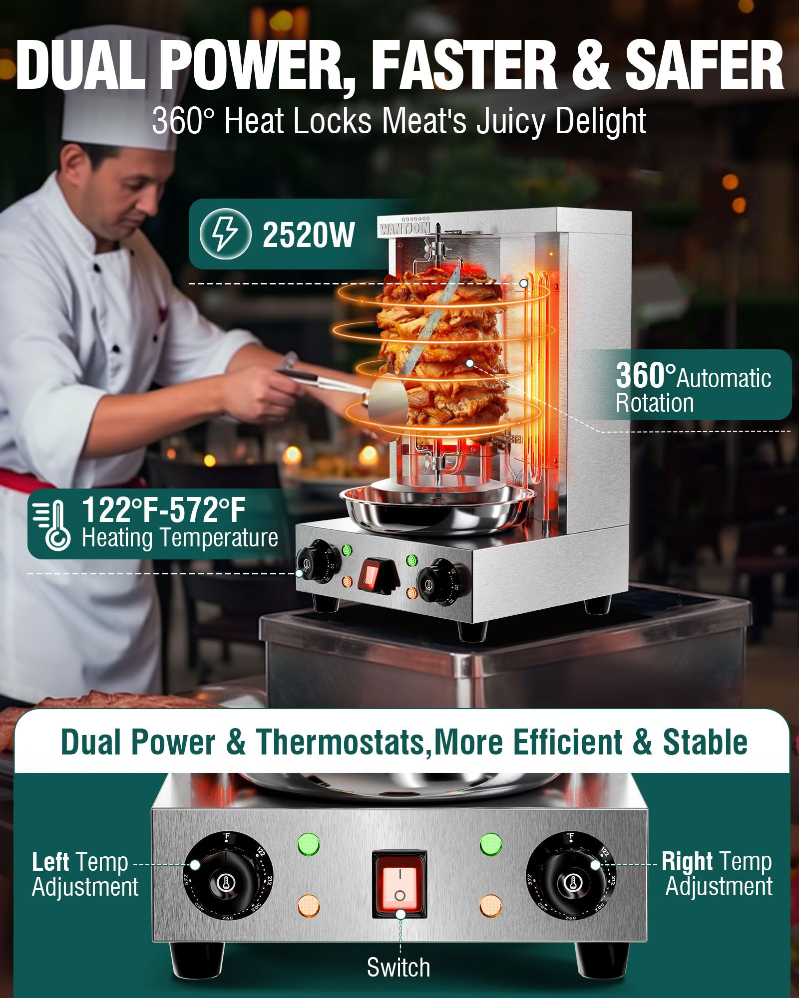 WantJoin Shawarma Grill Machine - 22 LBS Electric Vertical Rotisserie w/ 2 Burners and Shovel for Doner Kebab, Chicken, Beef | Stainless Steel | 122°F to 572°F Temp | for Home & Commercial Use, 2520W