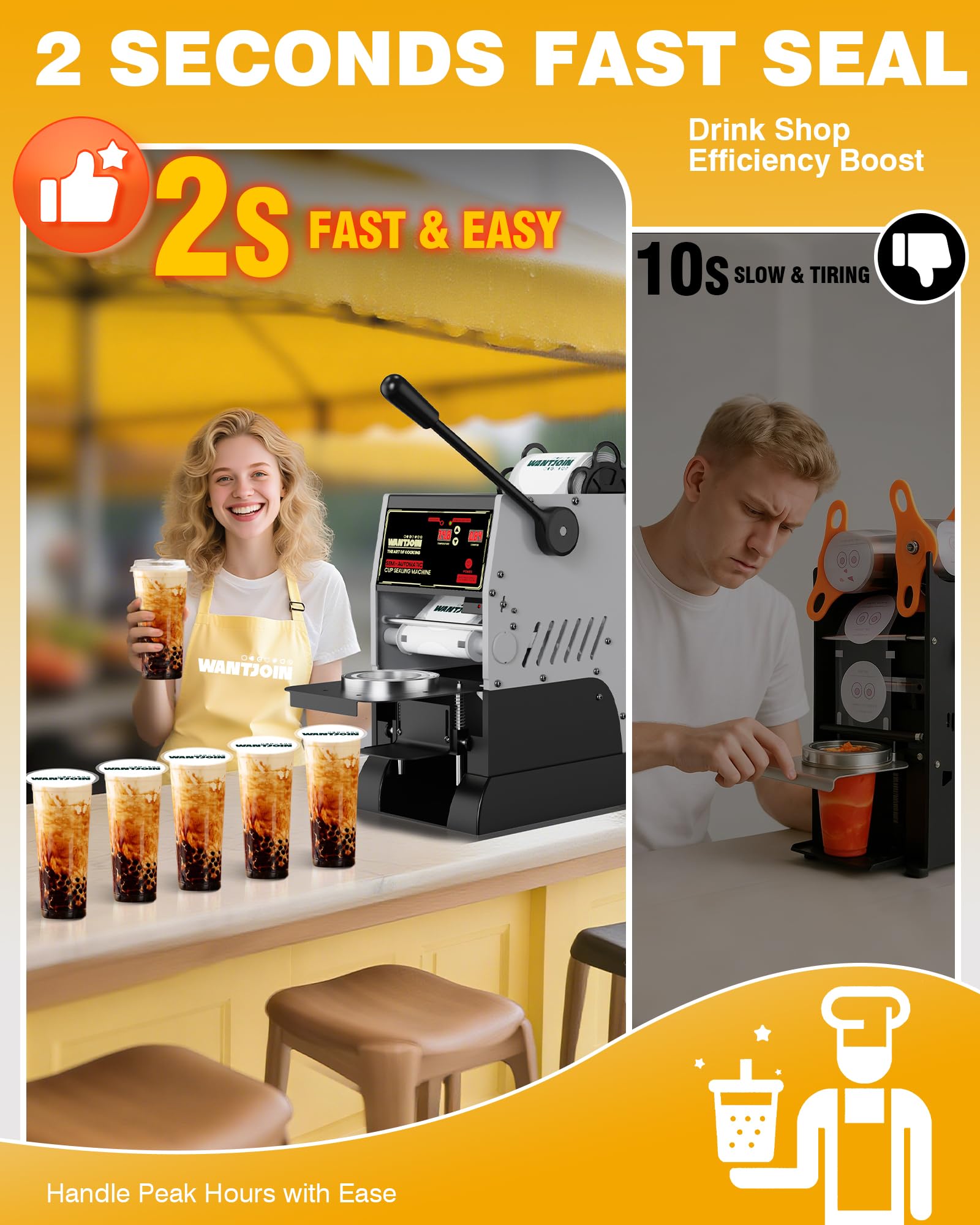 WantJoin Semi Automatic Cup Sealing Machine - 2S Sealing Auto Film Alignment Commercial Cup Sealer Machine 90/95mm LED Panel Temperature Control, Electric Cup Sealing Machine For PP PET Paper Cup