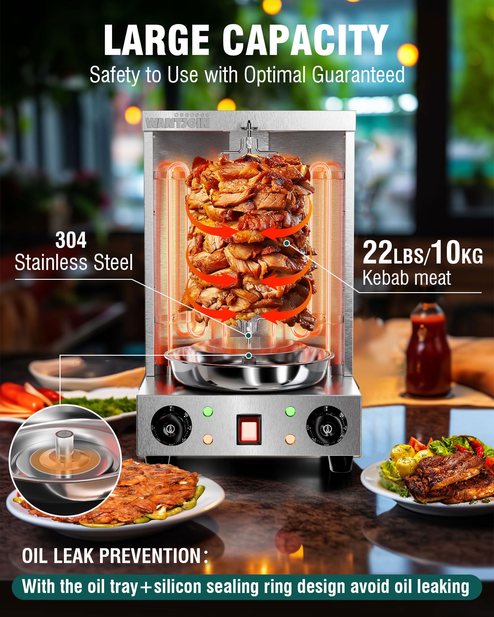 WantJoin Shawarma Grill Machine - 22 LBS Electric Vertical Rotisserie w/ 2 Burners and Shovel for Doner Kebab, Chicken, Beef | Stainless Steel | 122°F to 572°F Temp | for Home & Commercial Use, 2520W