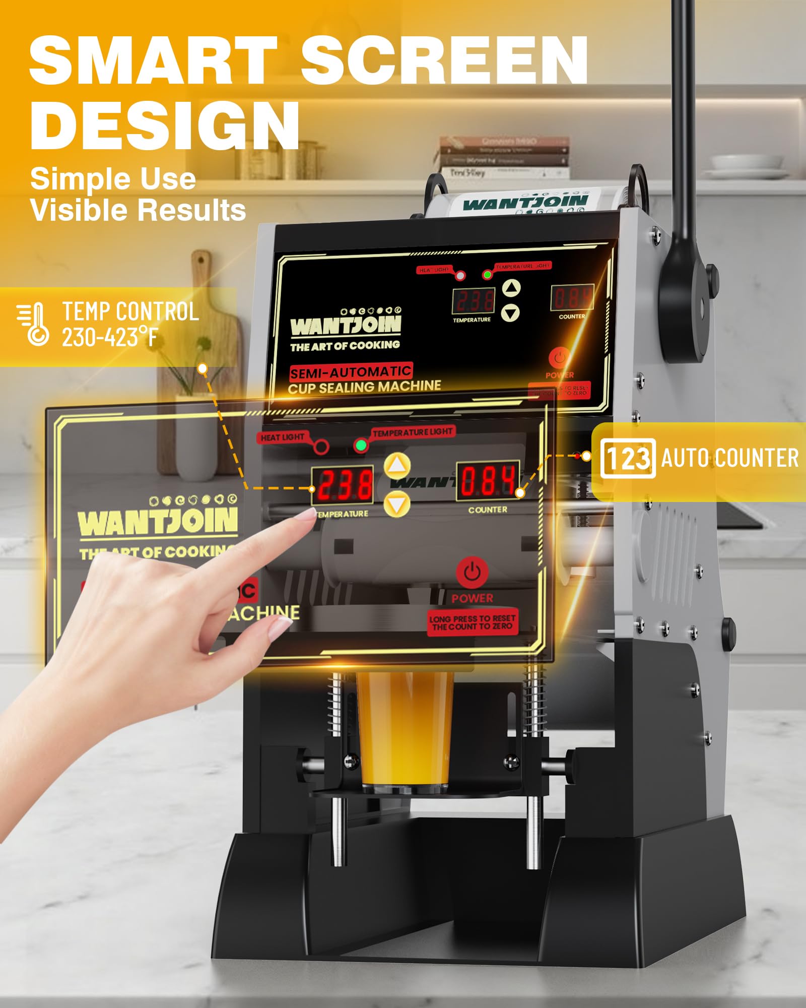 WantJoin Semi Automatic Cup Sealing Machine - 2S Sealing Auto Film Alignment Commercial Cup Sealer Machine 90/95mm LED Panel Temperature Control, Electric Cup Sealing Machine For PP PET Paper Cup