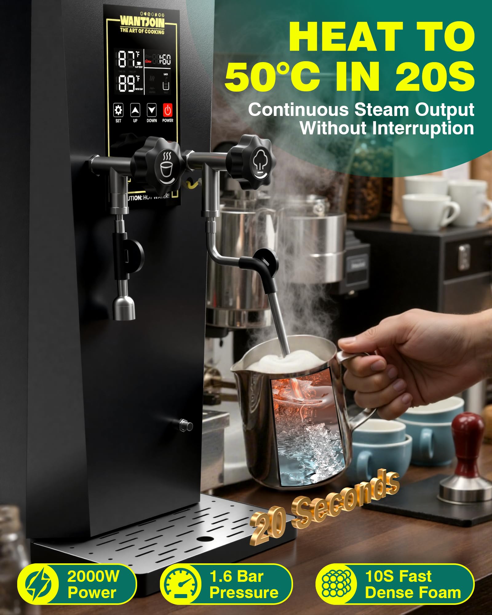 WantJoin 2000W Commercial Milk Frother & Beverage Warmer - Professional Milk Steamer Machine with LED Display Panel for Latte, Cappuccino, Coffee, Hot Chocolate and Milk Tea, Perfect for Cafes & Home