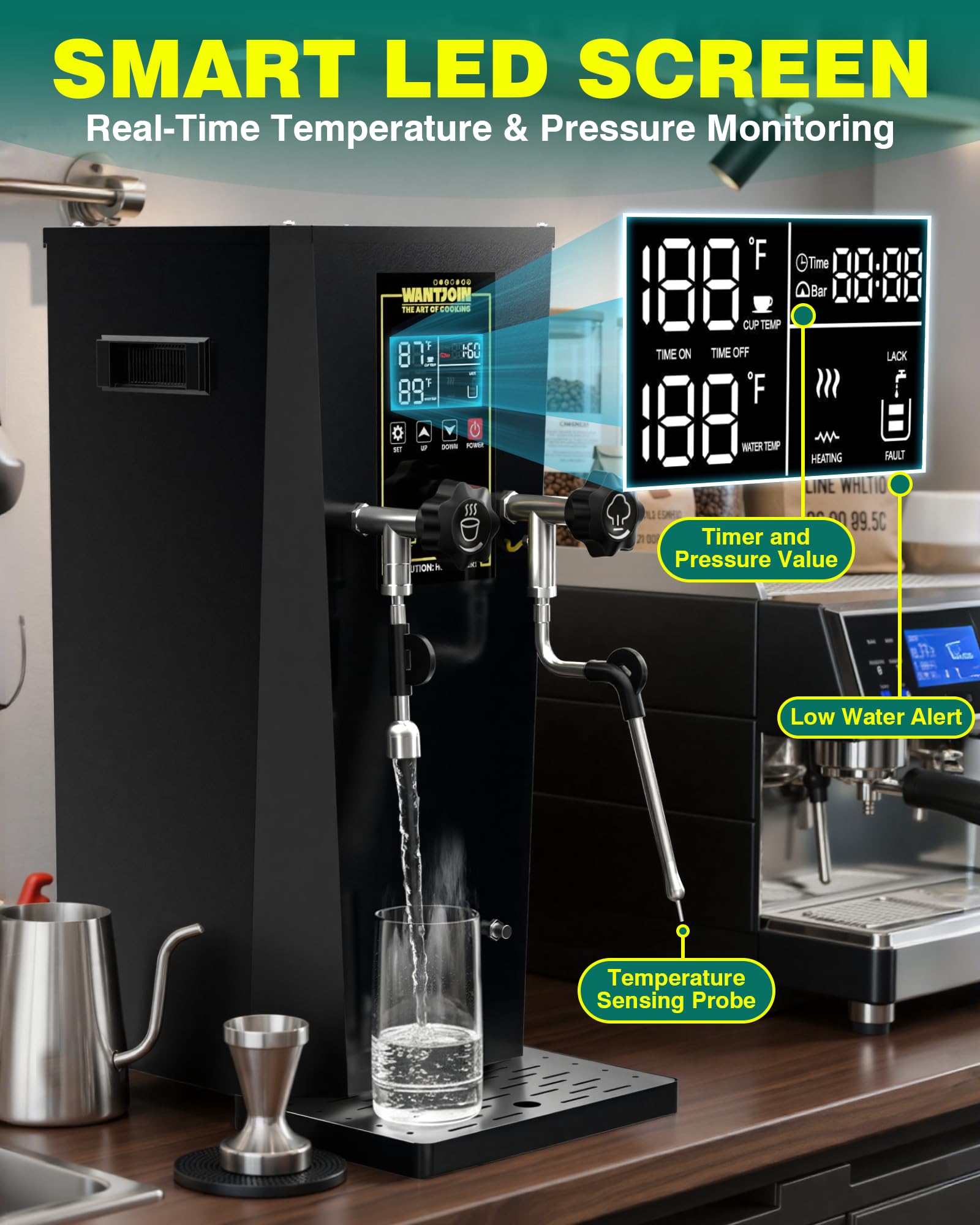 WantJoin 2000W Commercial Milk Frother & Beverage Warmer - Professional Milk Steamer Machine with LED Display Panel for Latte, Cappuccino, Coffee, Hot Chocolate and Milk Tea, Perfect for Cafes & Home