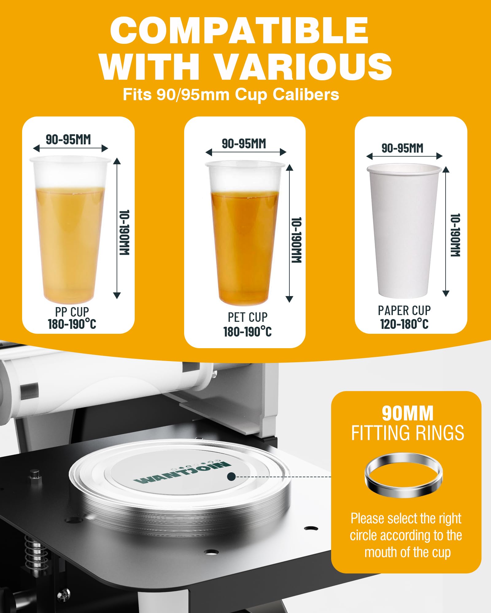 WantJoin Semi Automatic Cup Sealing Machine - 2S Sealing Auto Film Alignment Commercial Cup Sealer Machine 90/95mm LED Panel Temperature Control, Electric Cup Sealing Machine For PP PET Paper Cup