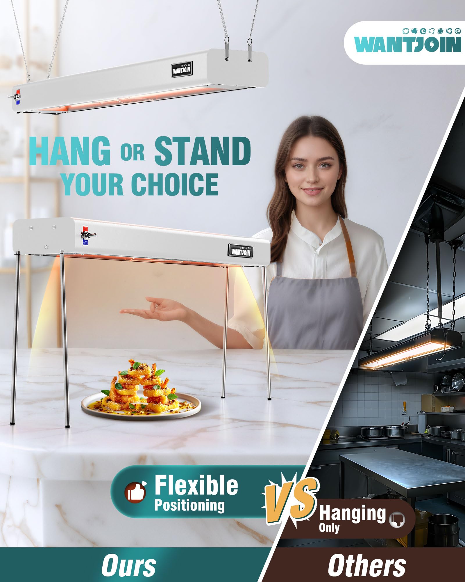 WantJoin Food Heat Lamp - 35 Inch Commercial Food Warmer Lamp Strip, 750W 86-176°F/30-80°C Electric Aluminum Hanging & Freestanding Dual-Use Heat Lamps for Kitchen Catering Restaurant Buffet