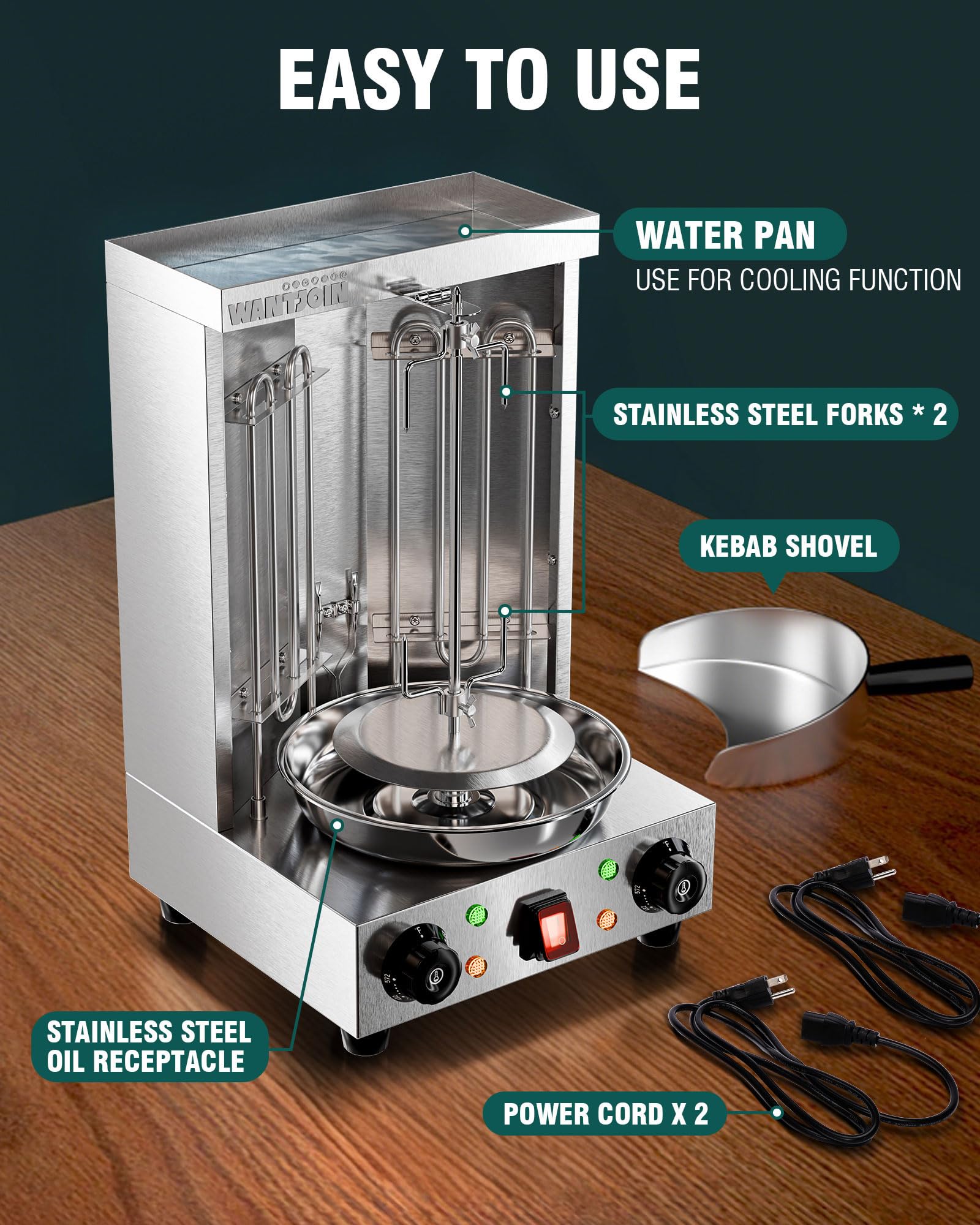 WantJoin Shawarma Grill Machine - 22 LBS Electric Vertical Rotisserie w/ 2 Burners and Shovel for Doner Kebab, Chicken, Beef | Stainless Steel | 122°F to 572°F Temp | for Home & Commercial Use, 2520W