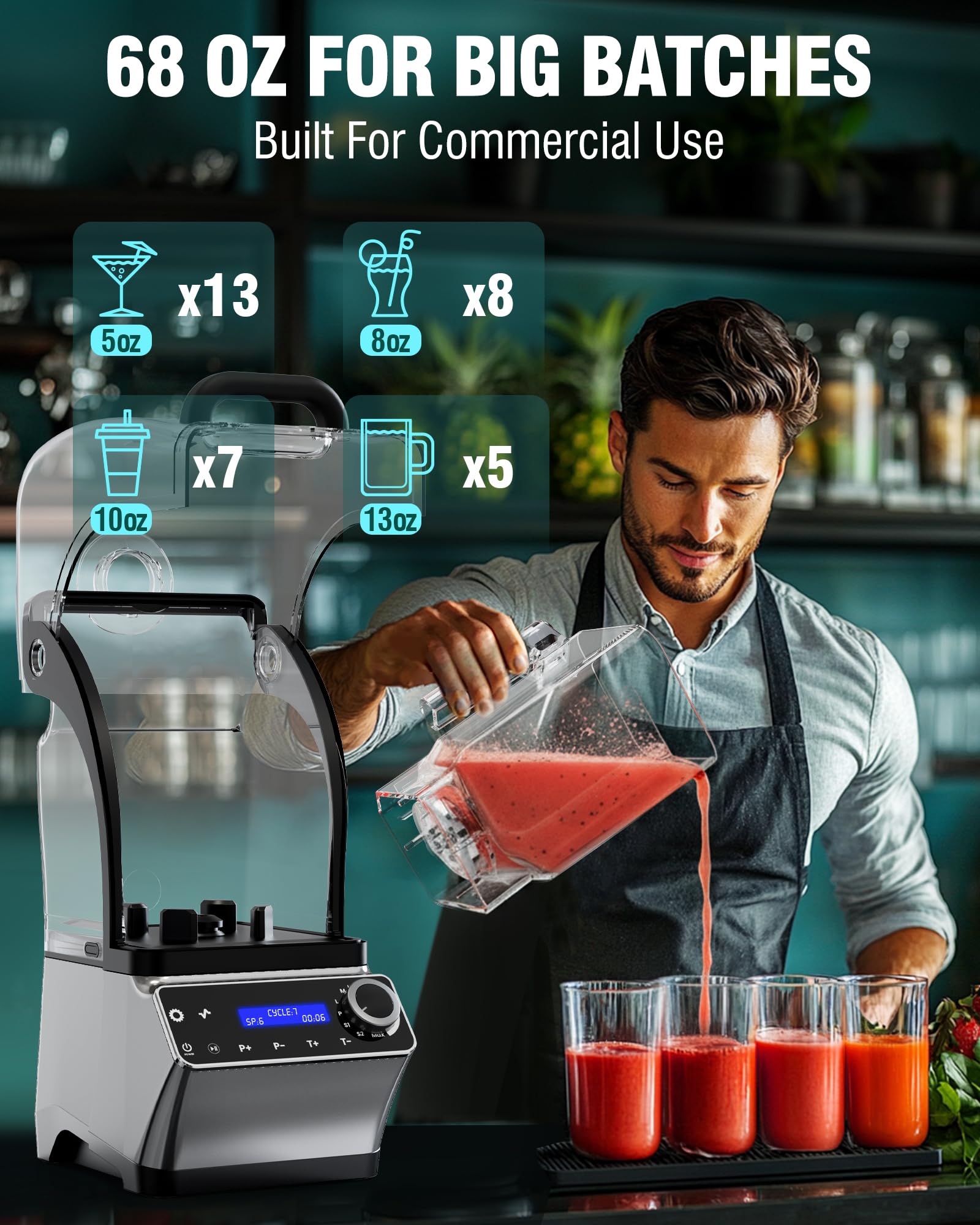 WantJoin Commercial Blender - 68 oz Quiet Commercial Blender for Smoothies with Sound Enclosure, 2200W Upgraded Copper Motor, 30000RPM, 7 Speeds, Blenders for Frozen Drinks, Juice, Soup