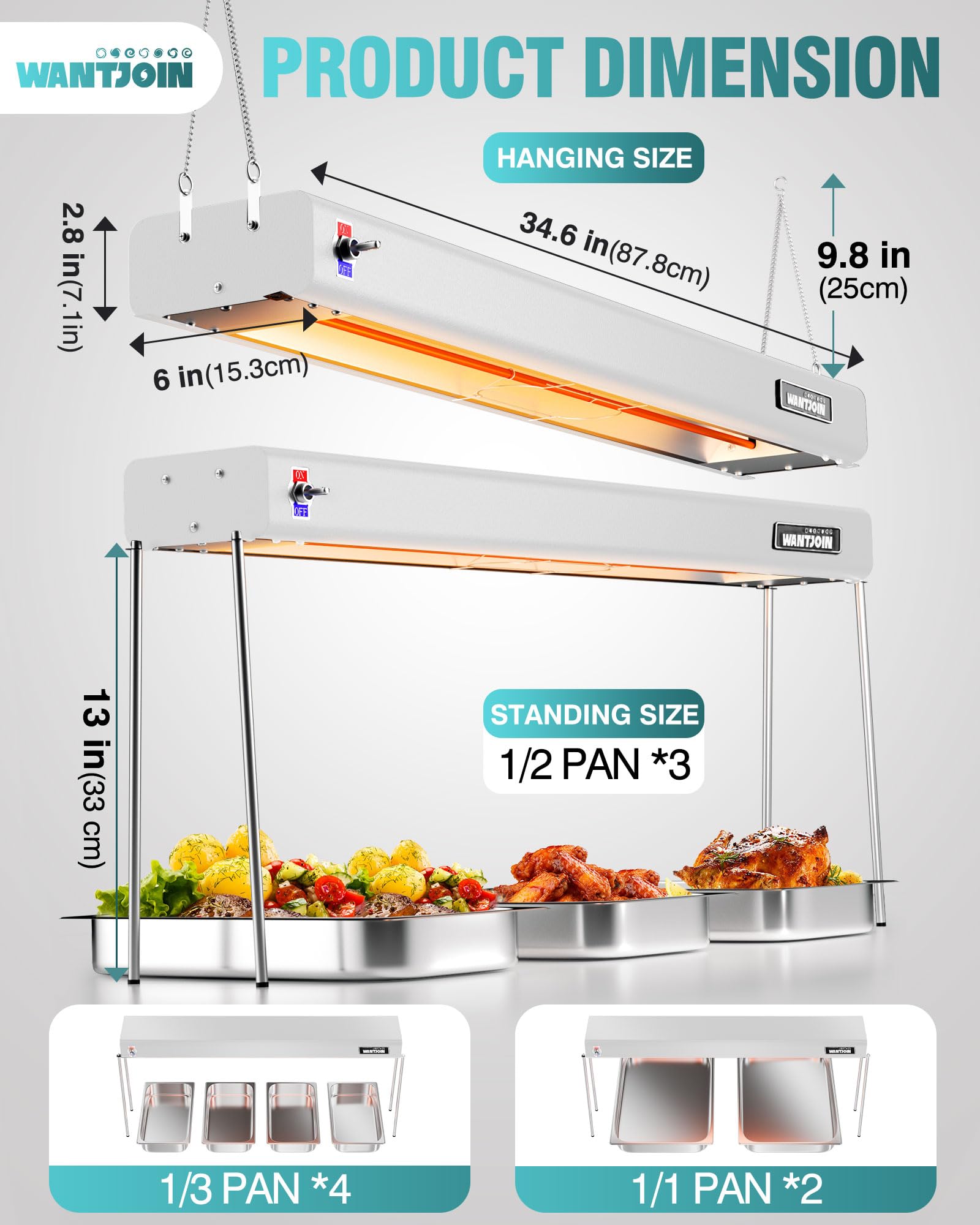 WantJoin Food Heat Lamp - 35 Inch Commercial Food Warmer Lamp Strip, 750W 86-176°F/30-80°C Electric Aluminum Hanging & Freestanding Dual-Use Heat Lamps for Kitchen Catering Restaurant Buffet