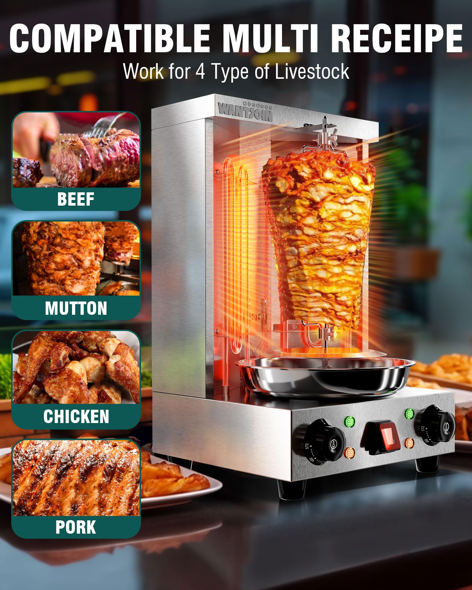 WantJoin Shawarma Grill Machine - 22 LBS Electric Vertical Rotisserie w/ 2 Burners and Shovel for Doner Kebab, Chicken, Beef | Stainless Steel | 122°F to 572°F Temp | for Home & Commercial Use, 2520W