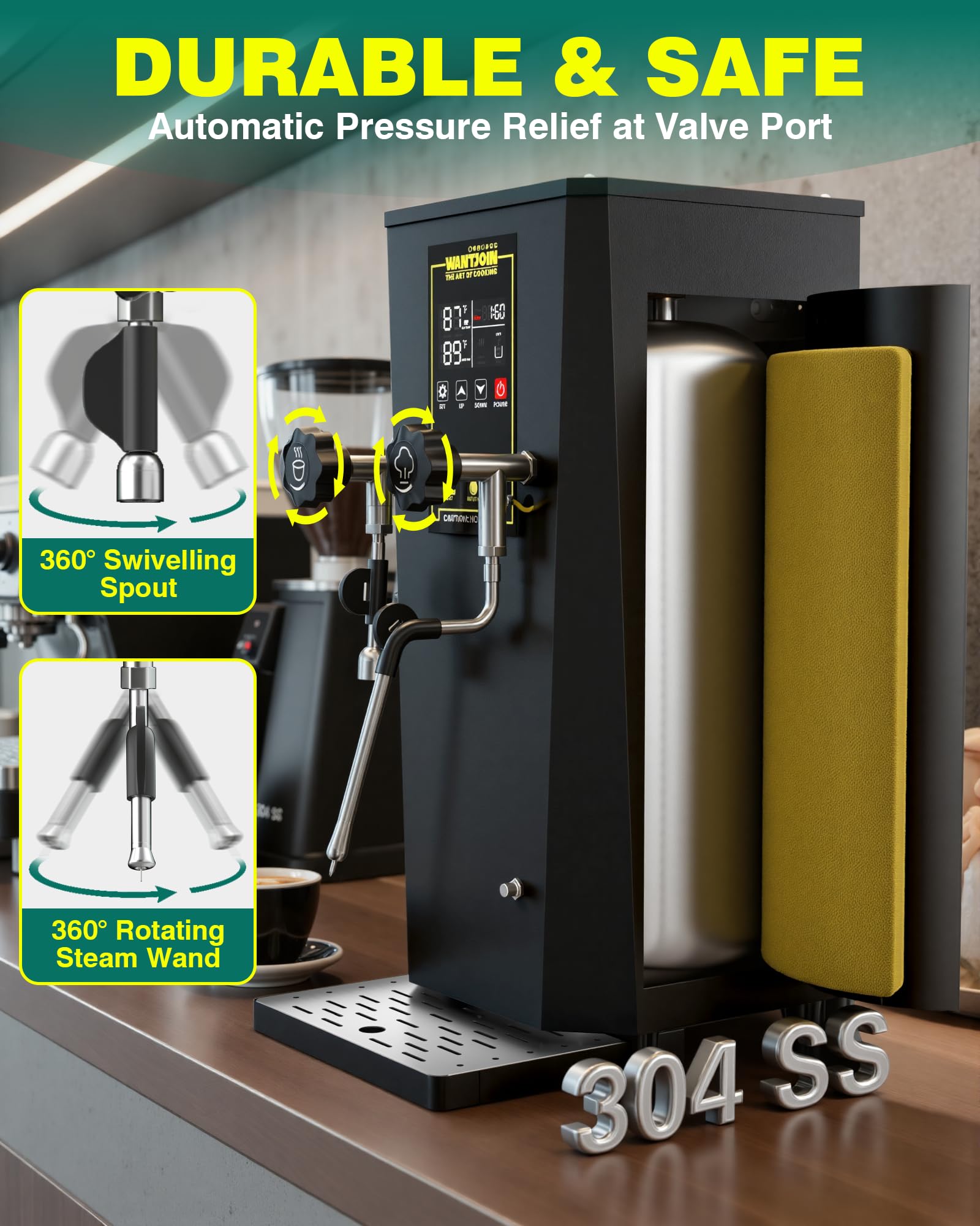 WantJoin 2000W Commercial Milk Frother & Beverage Warmer - Professional Milk Steamer Machine with LED Display Panel for Latte, Cappuccino, Coffee, Hot Chocolate and Milk Tea, Perfect for Cafes & Home