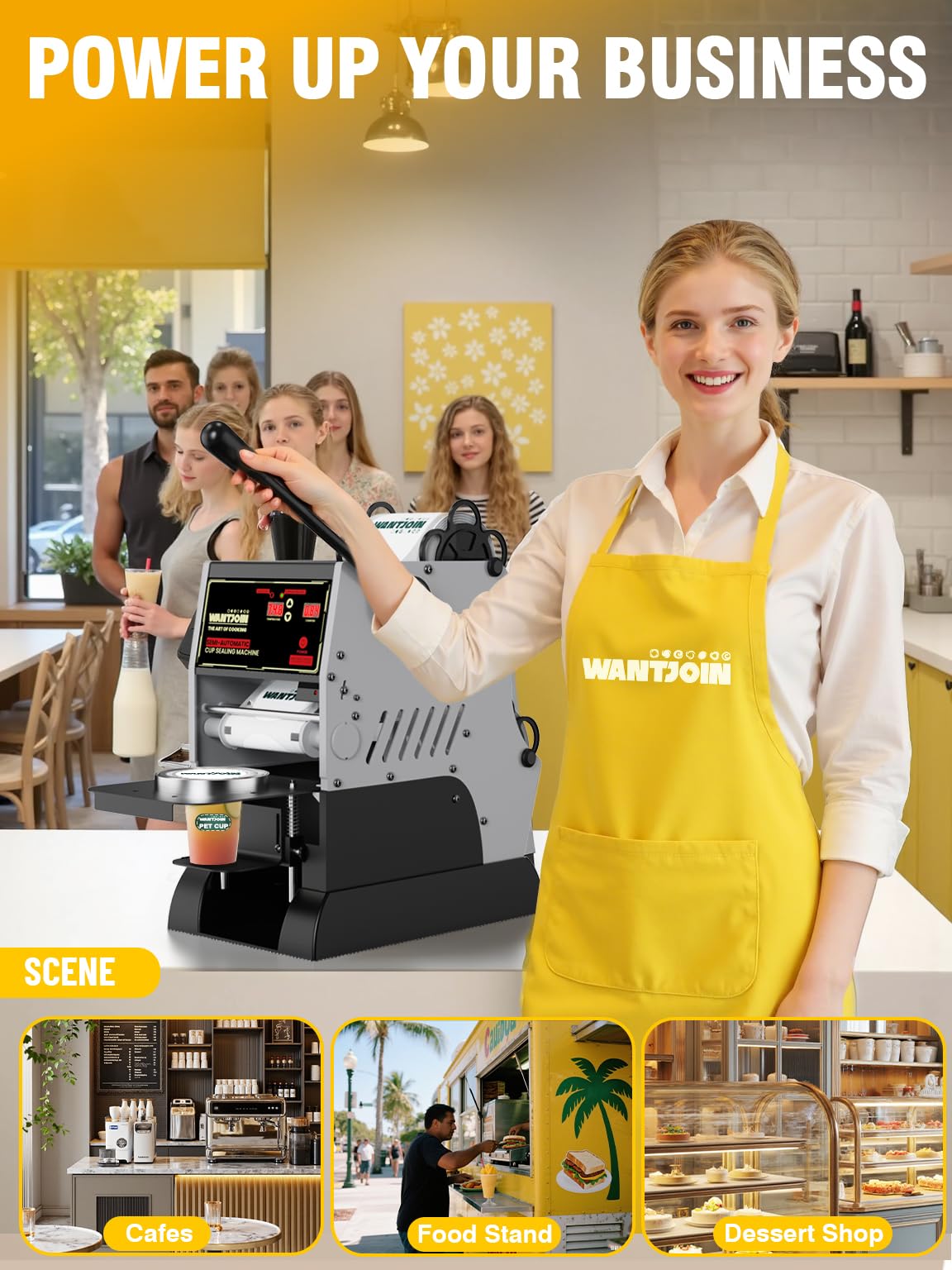 WantJoin Semi Automatic Cup Sealing Machine - 2S Sealing Auto Film Alignment Commercial Cup Sealer Machine 90/95mm LED Panel Temperature Control, Electric Cup Sealing Machine For PP PET Paper Cup