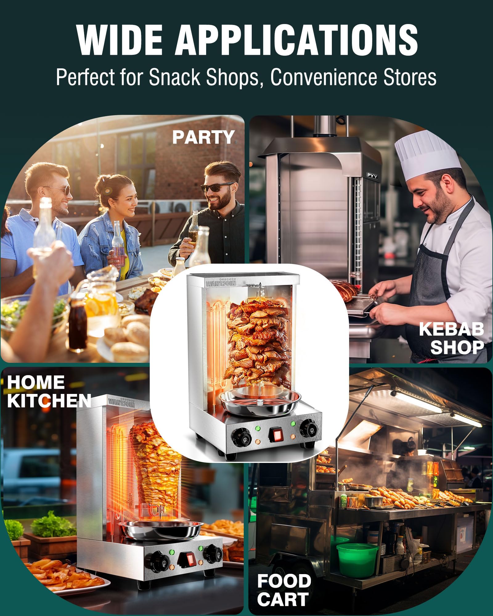 WantJoin Shawarma Grill Machine - 22 LBS Electric Vertical Rotisserie w/ 2 Burners and Shovel for Doner Kebab, Chicken, Beef | Stainless Steel | 122°F to 572°F Temp | for Home & Commercial Use, 2520W