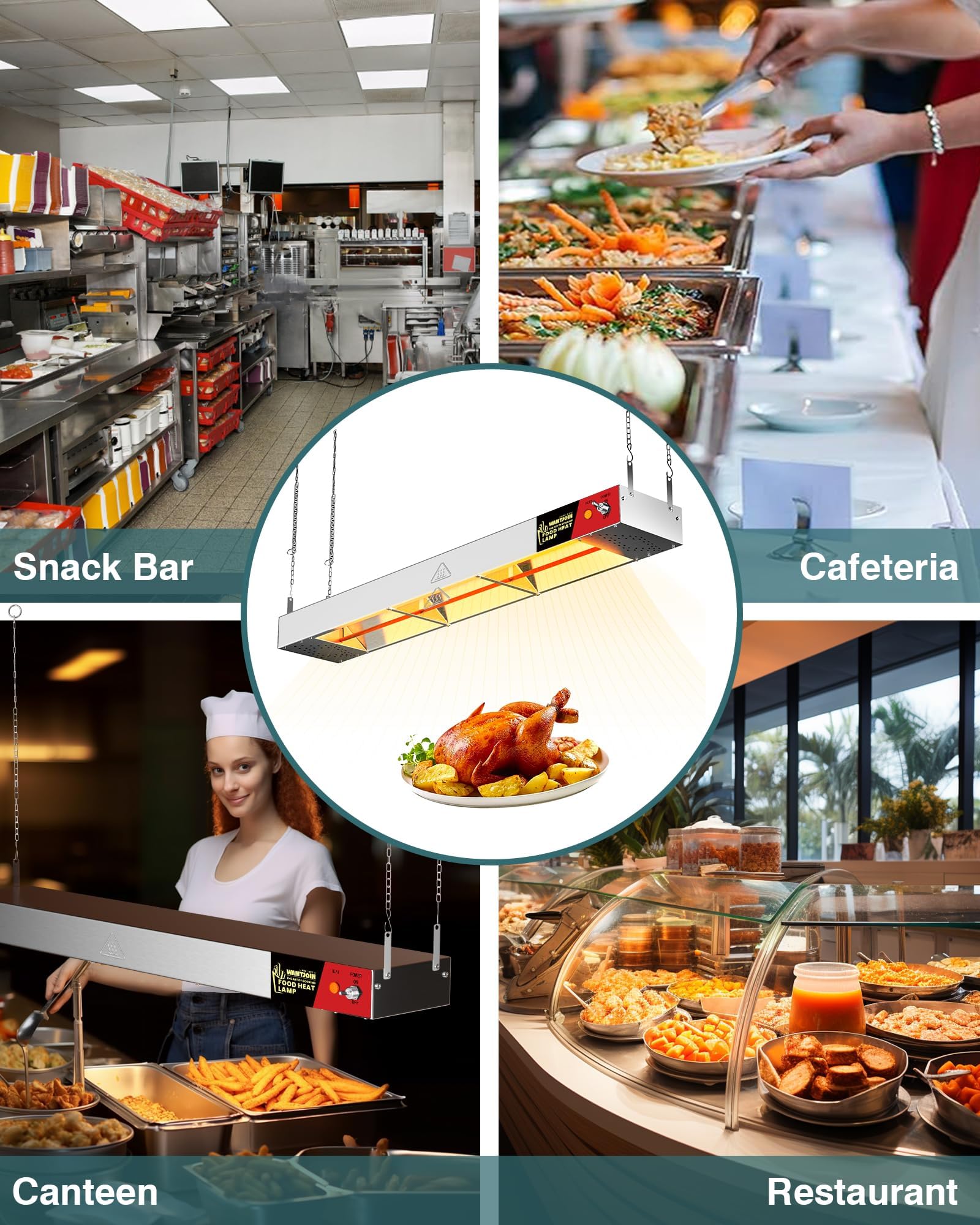 WantJoin Food Heat Lamp - Commercial Hanging Heating Lamp for Food Warming 500W Electric Strip Heater with Warm Lights for Service Cafeteria Restaurant Kitchen