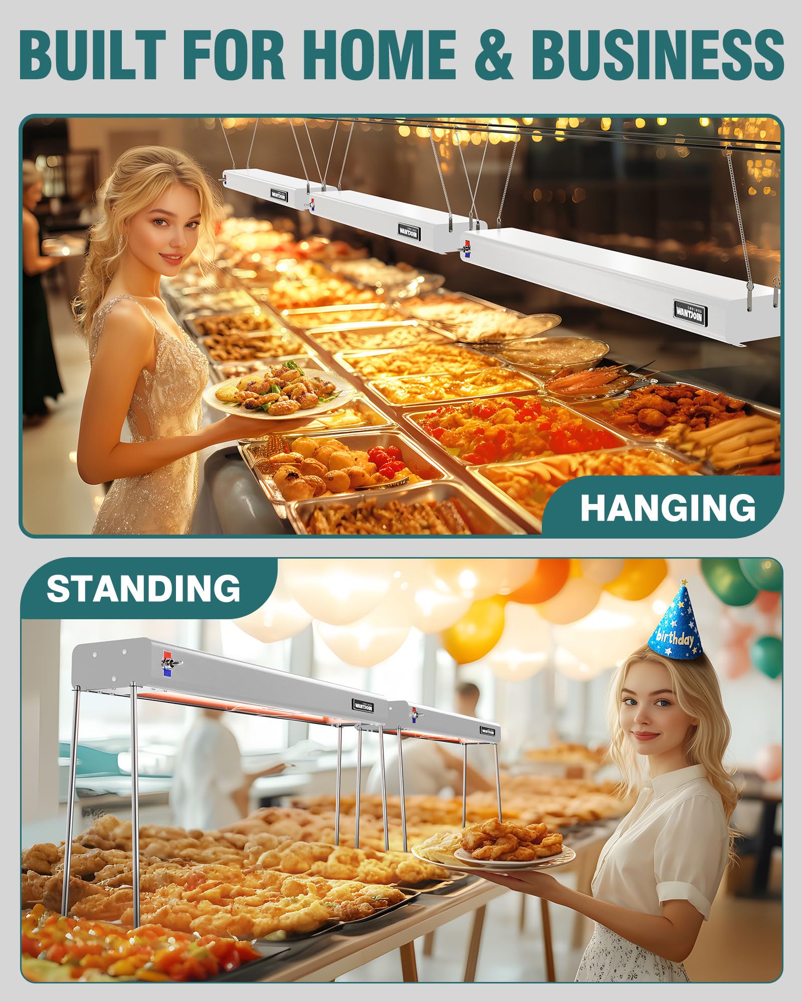WantJoin Food Heat Lamp - 35 Inch Commercial Food Warmer Lamp Strip, 750W 86-176°F/30-80°C Electric Aluminum Hanging & Freestanding Dual-Use Heat Lamps for Kitchen Catering Restaurant Buffet