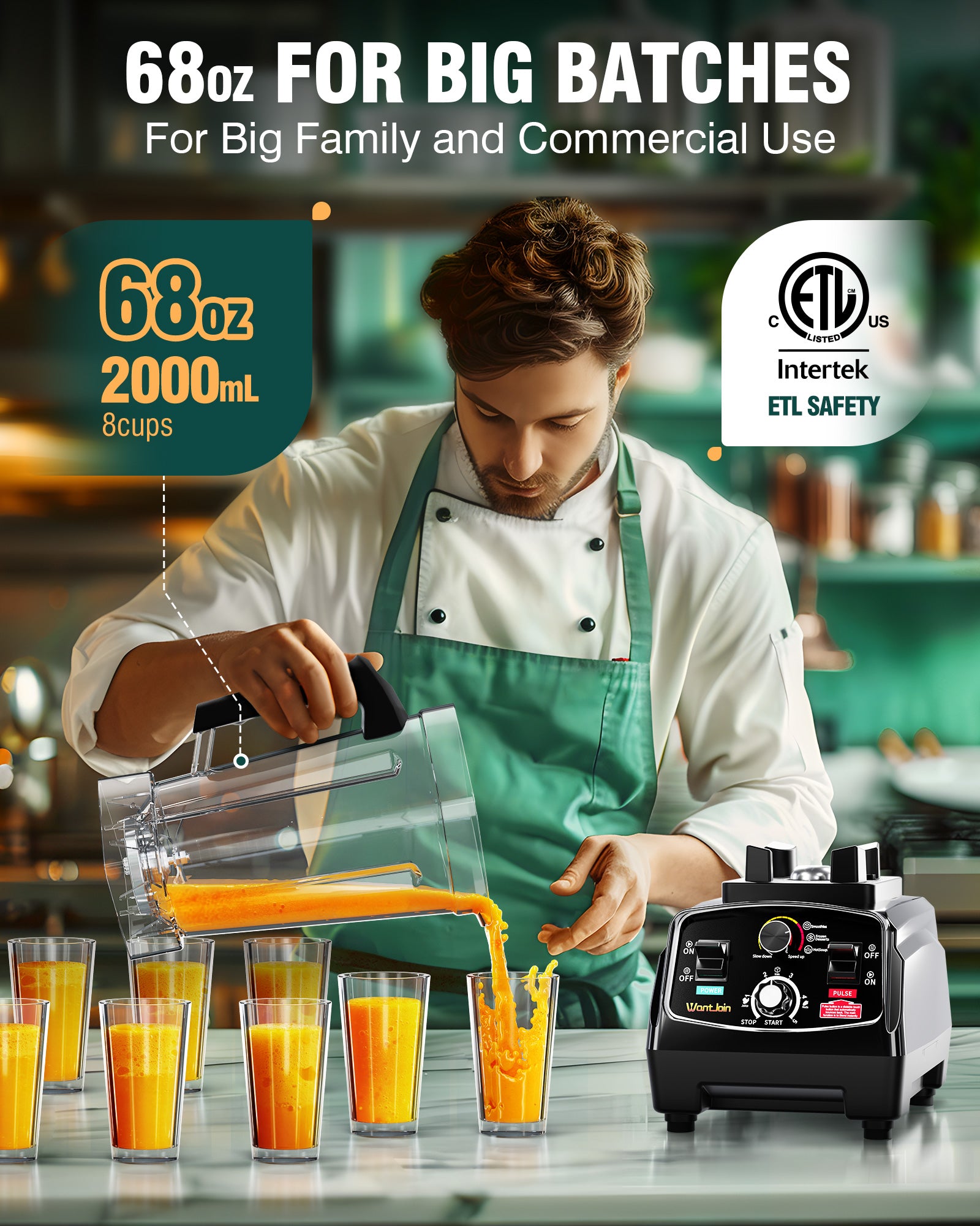WantJoin Professional Blender 200D, ETL listed 68oz Commercial Blender for kitchen Max 1800W High Power Home and Commercial with Timer, Smoothie Maker 2200ml for Crushing Ice, Frozen Dessert, Soup,fish