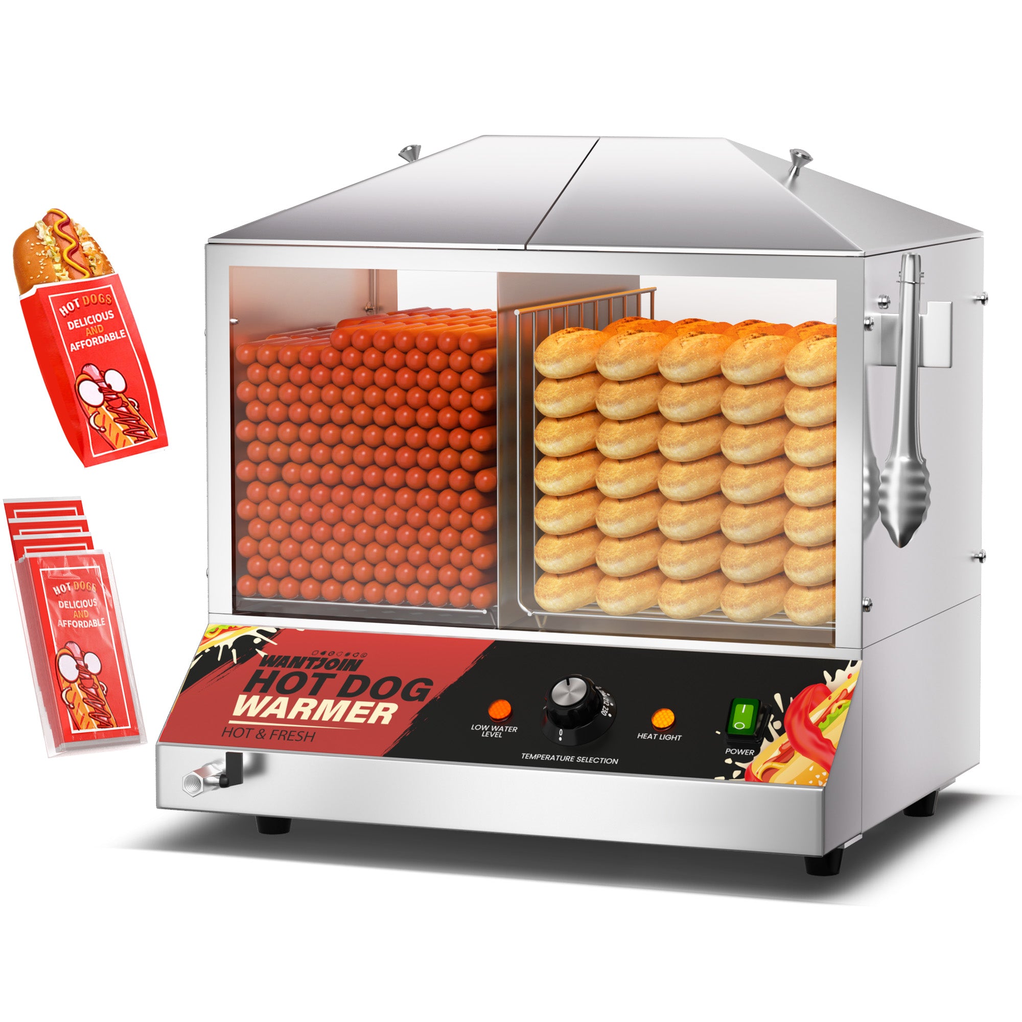 Commercial Hot Dog Steamer - 36L/38QT Hot Dog Steamer with Bun Warmer, Stainless Steel Hot Dog Cabinet with Tempered Glass 200-275 Sausages & 40-45 Buns,1200W