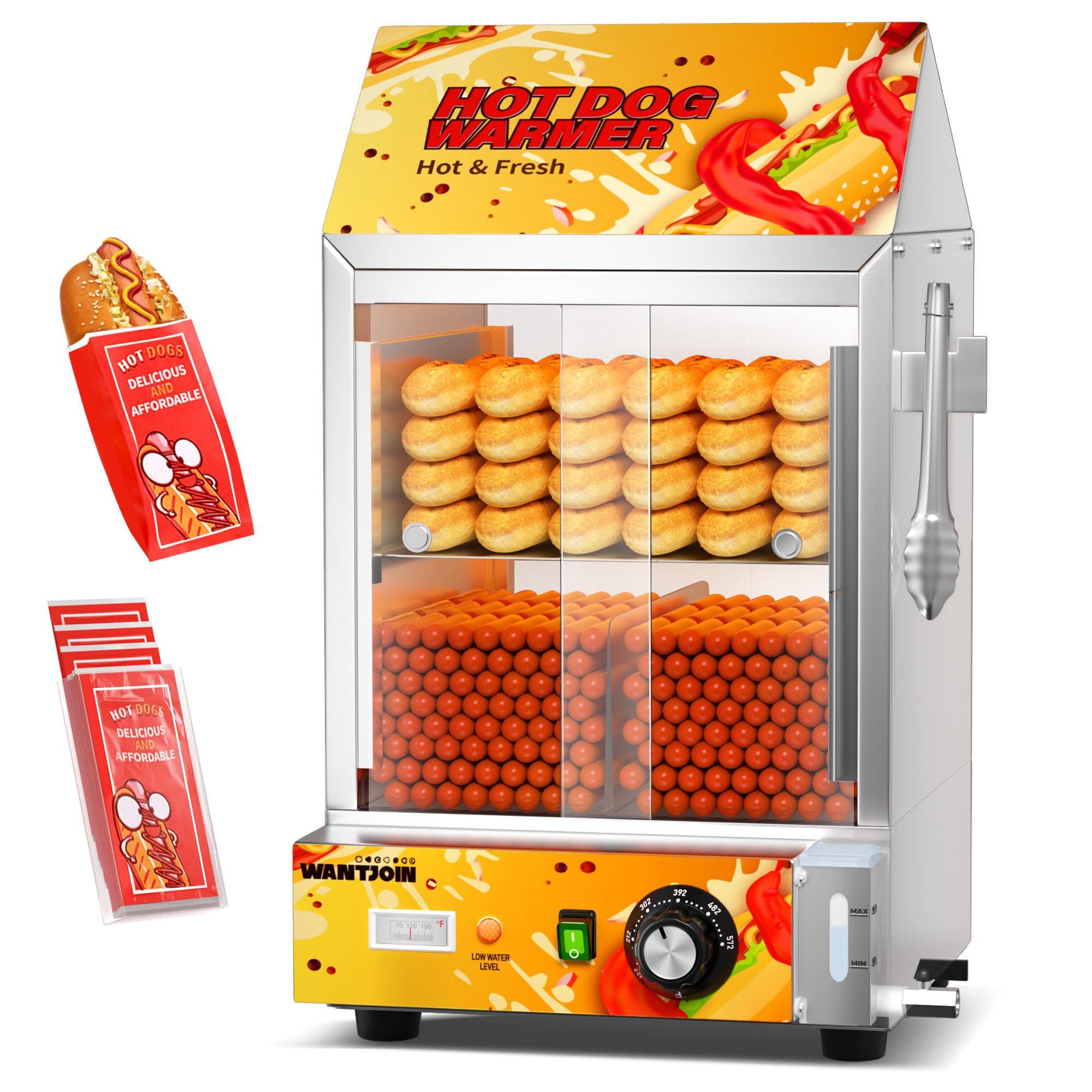 Hot Dog Steamer - 28.8QT/27L Adjustable Temperature Electric Hot Dog Steamer with Bun Warmer, Visible Glass Sliding Door, Suitable for 175 Hot Dogs &40 Buns